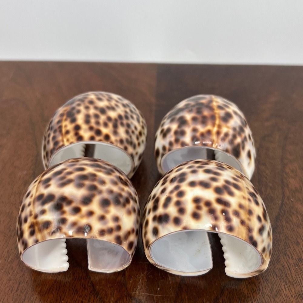 Tiger Cowrie Shell Napkin Rings Natural Coastal Table Decor Brown Cream Set of 4 - Picture 2 of 6
